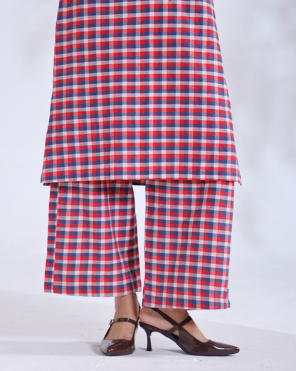 Raina Red Gingham Sleeveless Handwoven Cotton Kurta Set