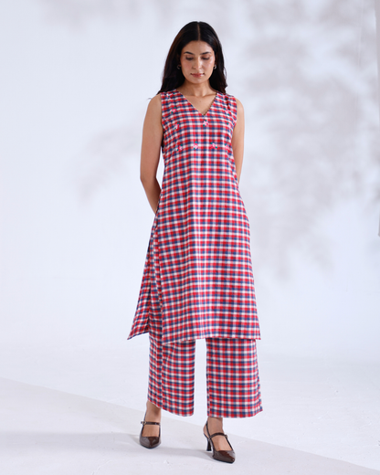 Raina Red Gingham Sleeveless Handwoven Cotton Kurta Set