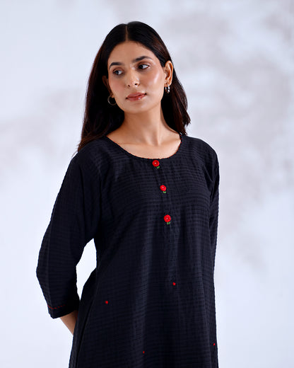 Rose Black Handwoven Cotton Tunic Set