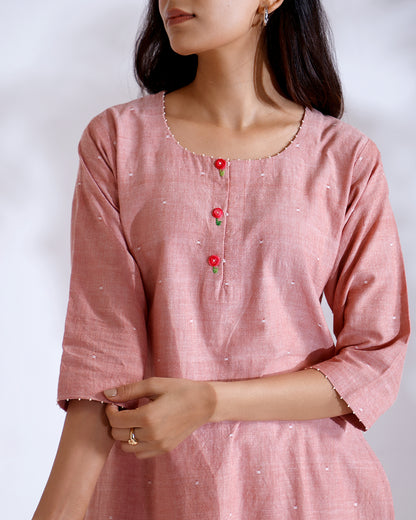 Rose Coral Handwoven Cotton Tunic Set