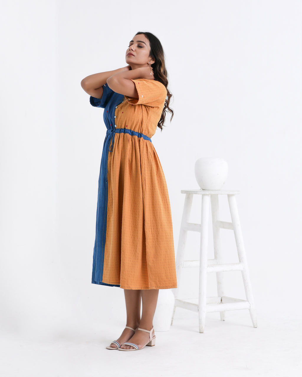 Shop Yellow colour block dress with pocket online at bebaakstudio.com