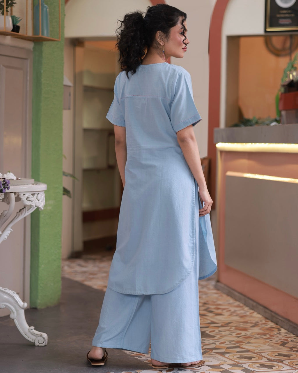 Shop sky blue Heart Embroidered Handwoven Tunic Set online at bebaakstudio.com