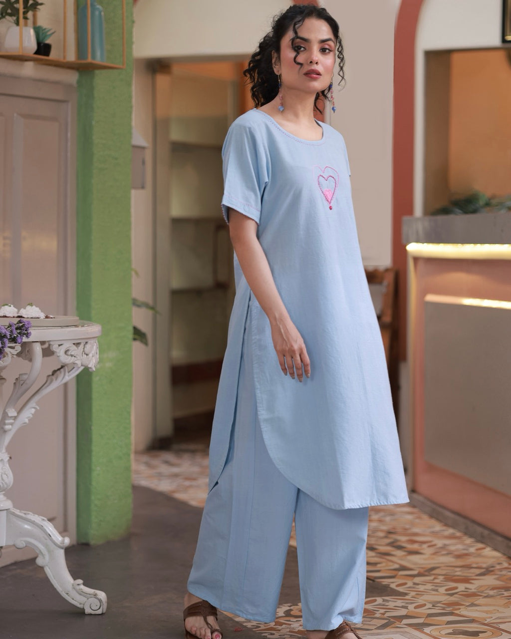Shop sky blue Heart Embroidered Handwoven Tunic Set online at bebaakstudio.com