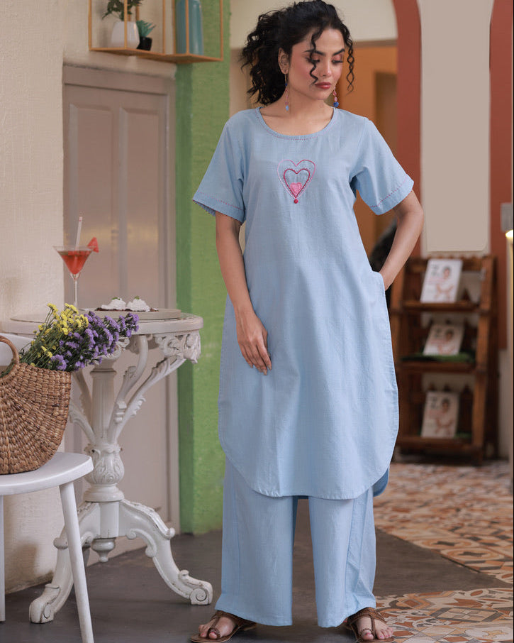 Shop sky blue Heart Embroidered Handwoven Tunic Set online at bebaakstudio.com