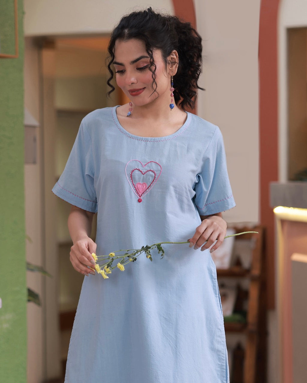 Shop sky blue Heart Embroidered Handwoven Tunic Set online at bebaakstudio.com
