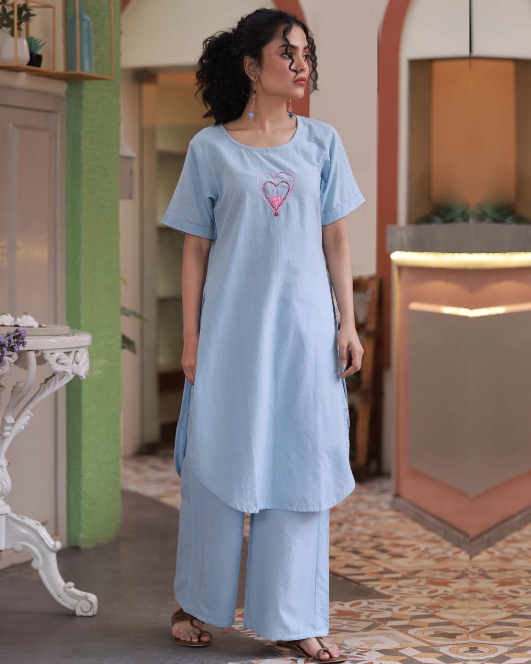 Shop sky blue Heart Embroidered Handwoven Tunic Set online at bebaakstudio.com