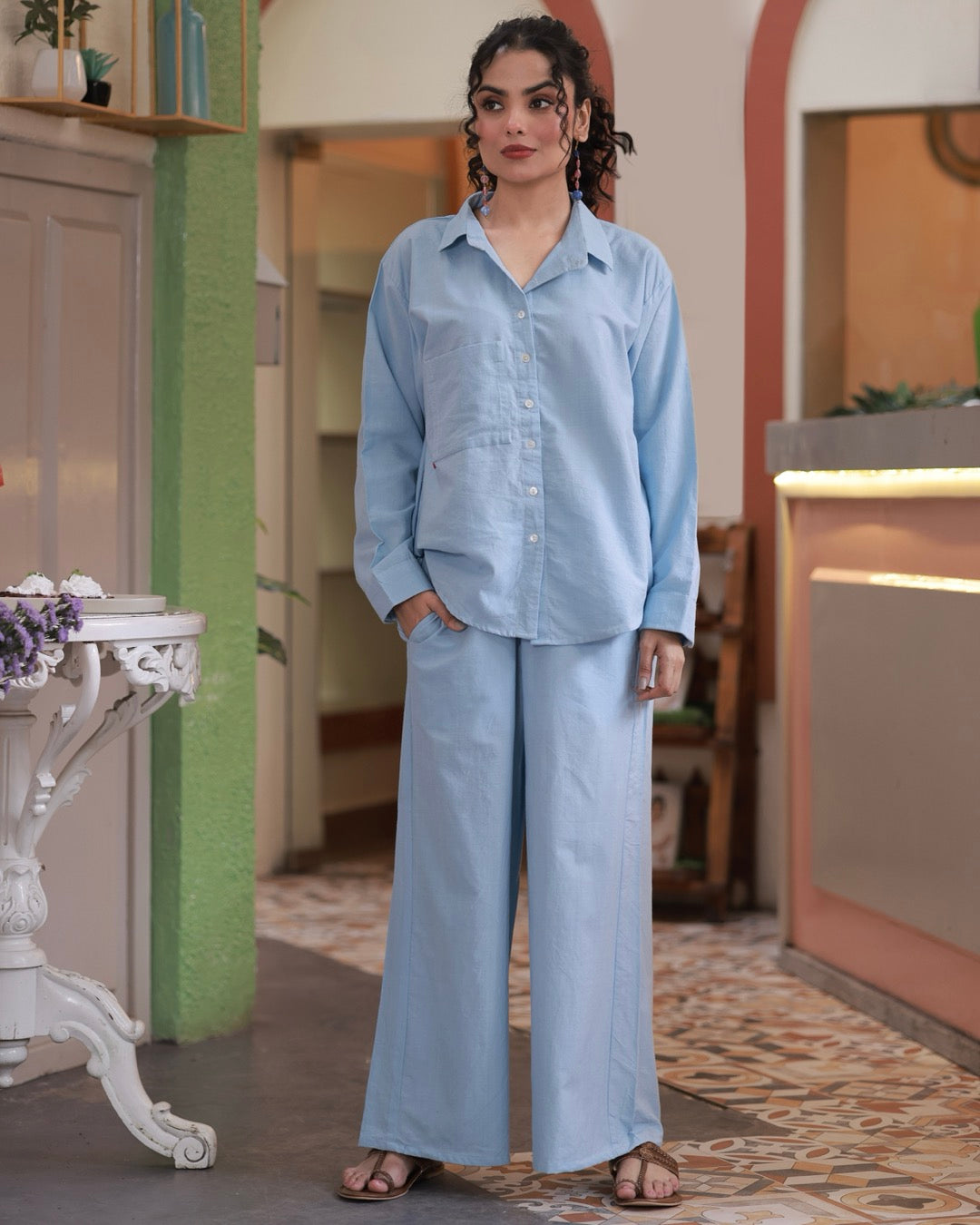 Shop sky blueHandwoven oversized Shirt Co-ord online at bebaakstudio.com