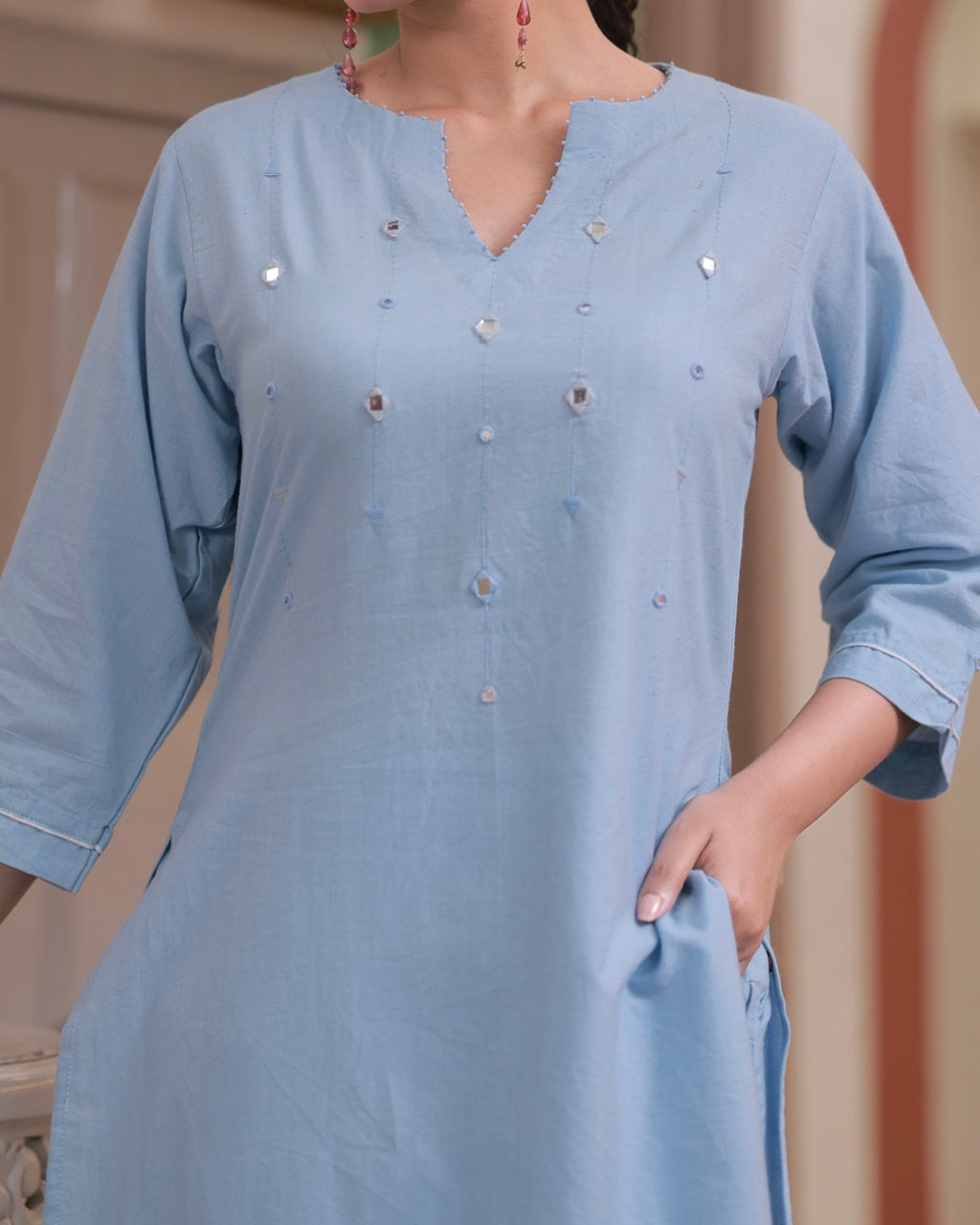 Shop sky blue Mirror Handwoven cotton Kurta  Set online at bebaakstudio.com