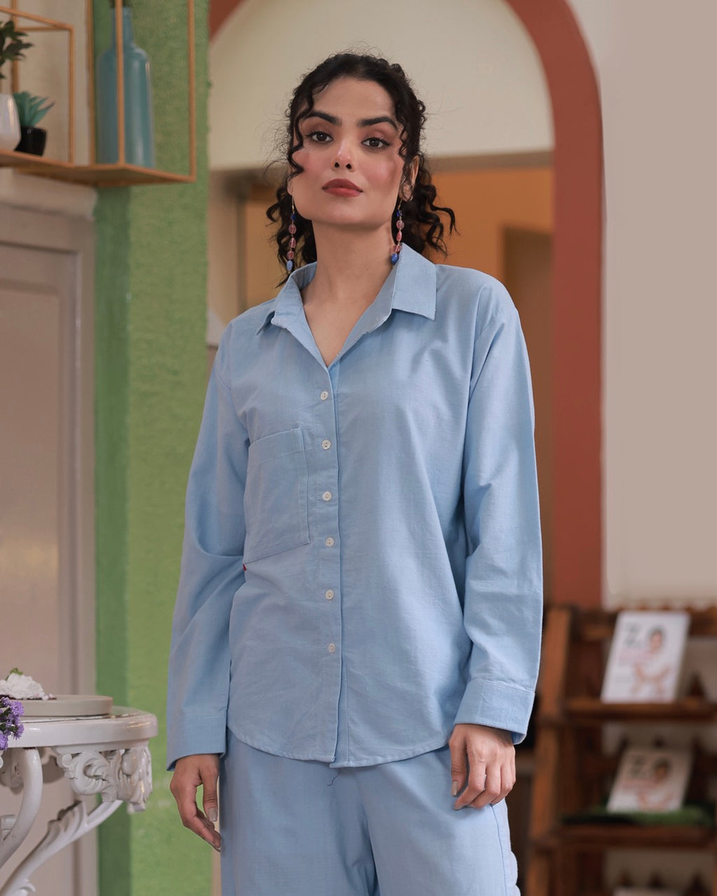 Shop blue Oversized cotton shirt for women online at bebaakstudio.com
