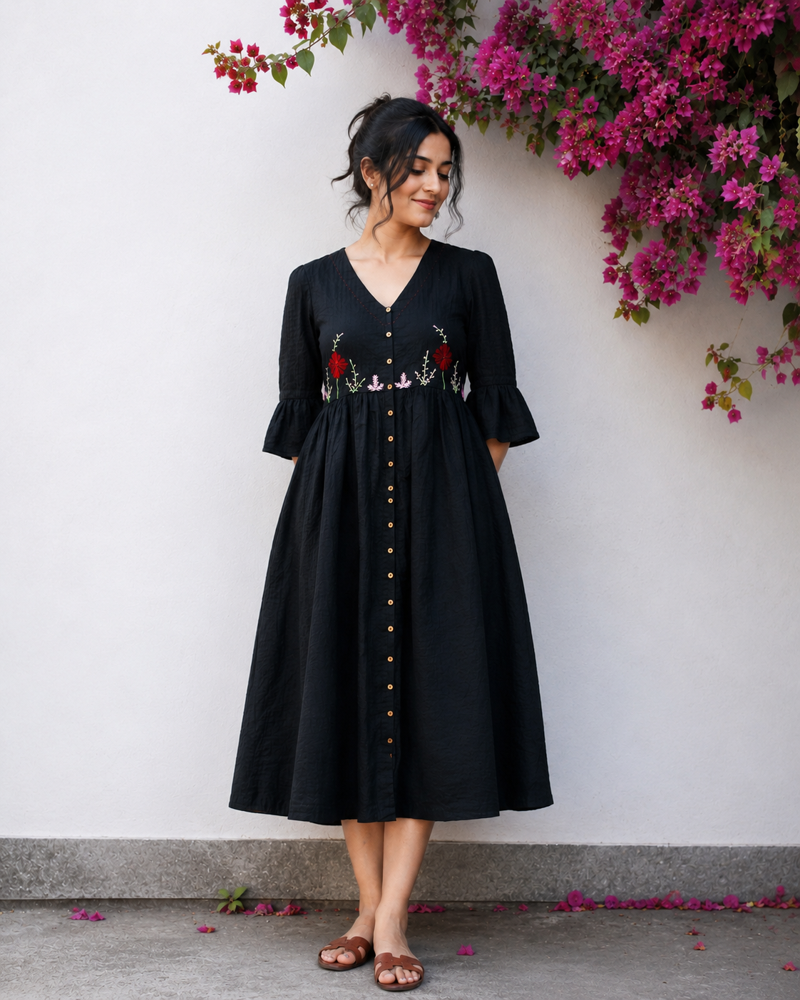 Surmayee Black Handcrafted Cotton gathered dress