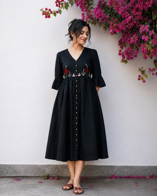 Surmayee Black Handcrafted Cotton gathered dress