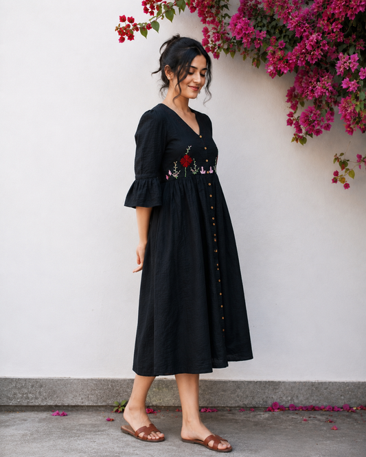 Surmayee Black Handcrafted Cotton gathered dress