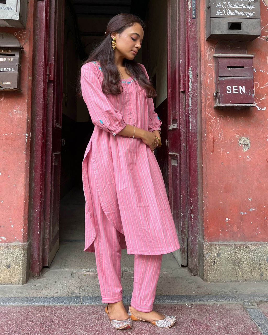 Stripe pink Cotton embroidered tunic set online available at www.bebaakstudio.com