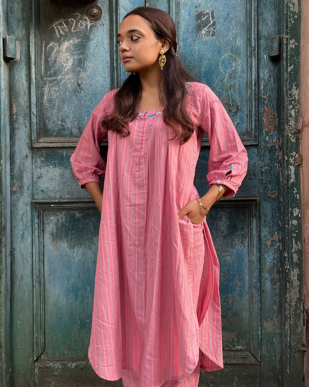 Stripe pink Cotton embroidered tunic set online available at www.bebaakstudio.com