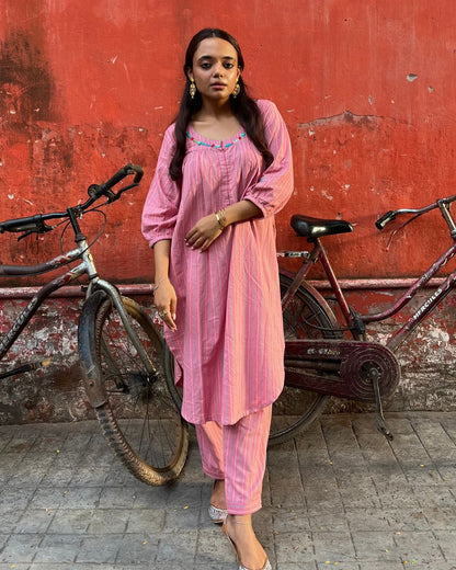 Stripe pink Cotton embroidered tunic set online available at www.bebaakstudio.com