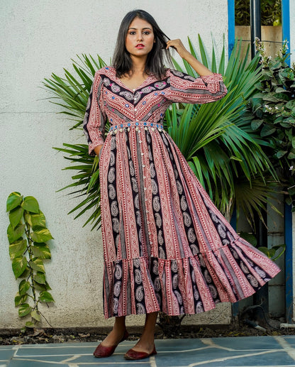 Shop Bagh print Flared cotton maxi dress online at bebaakstudio.com
