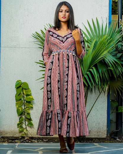 Shop Bagh print Flared cotton maxi dress online at bebaakstudio.com