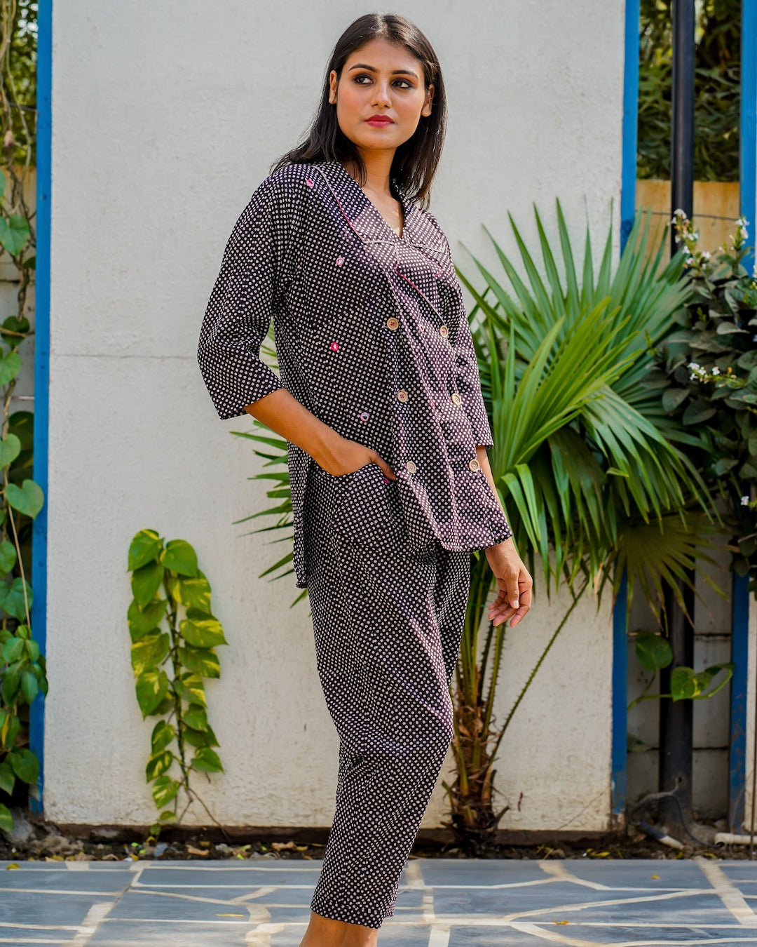 Shop Bagh print black polka co-ordinate online at bebaakstudio.com