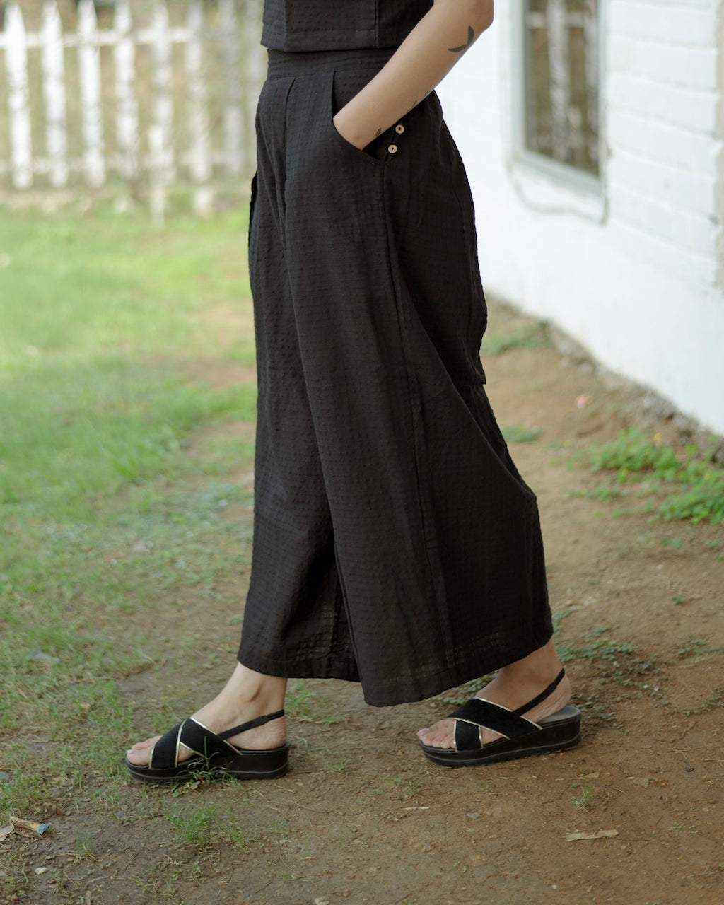 Palazzo: Shop Black wide leg cotton palazzo online at bebaakstudio.com