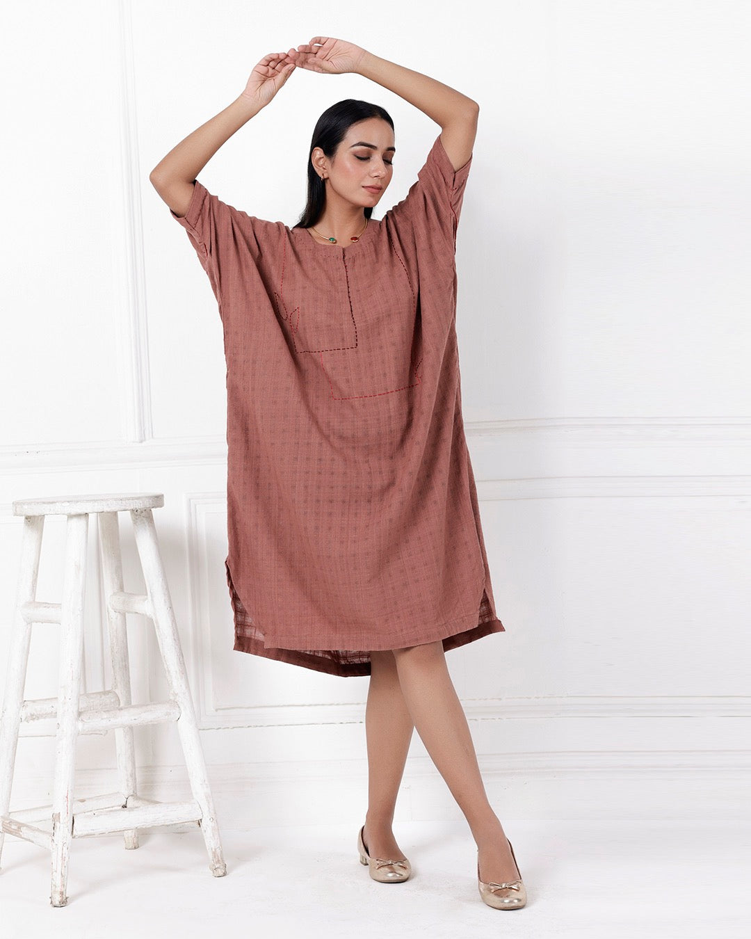 Shop Brown oversized embroidered cotton dress online at bebaakstudio.com