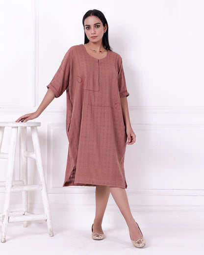 Shop Brown oversized embroidered cotton dress online at bebaakstudio.com