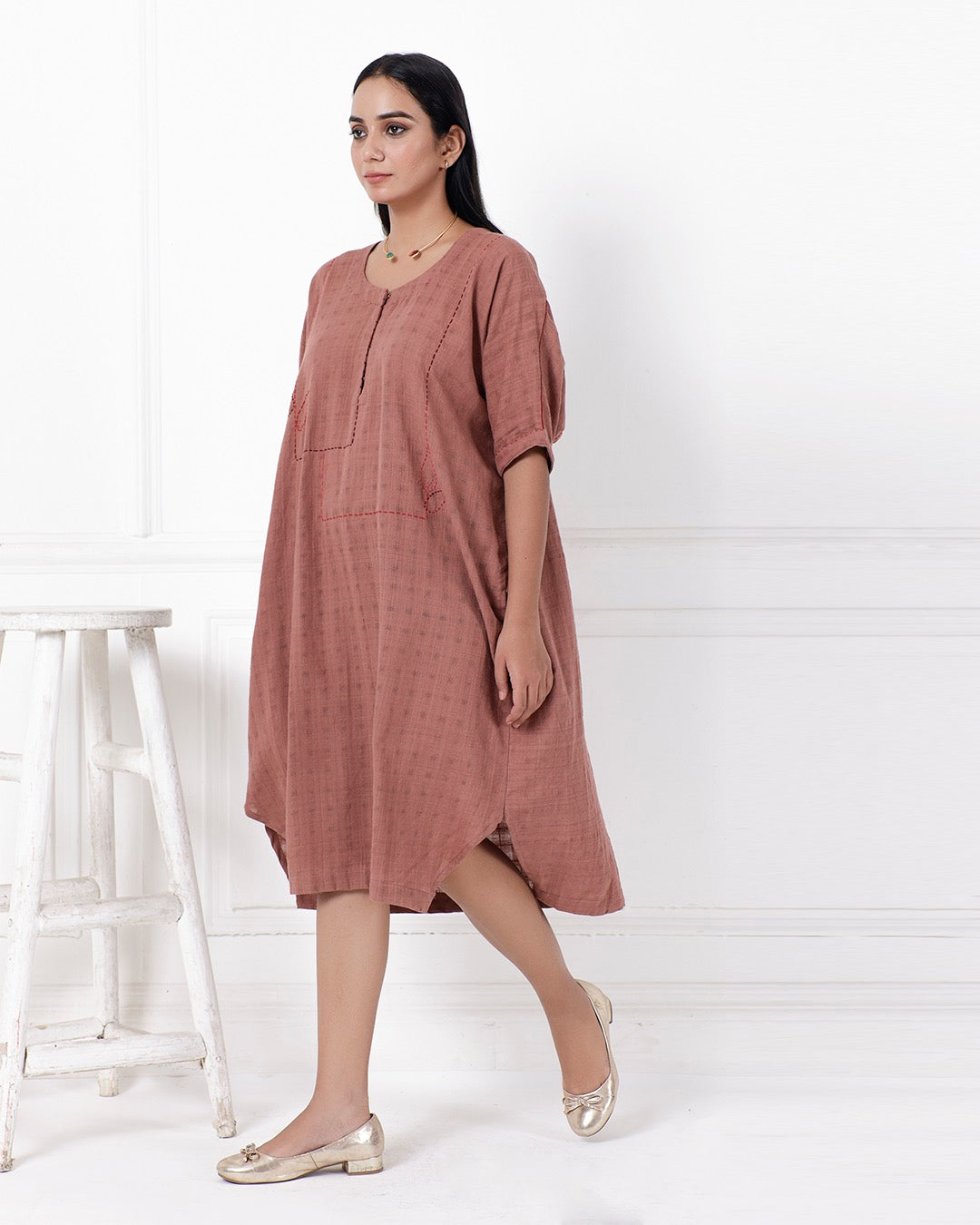 Shop Brown oversized embroidered cotton dress online at bebaakstudio.com