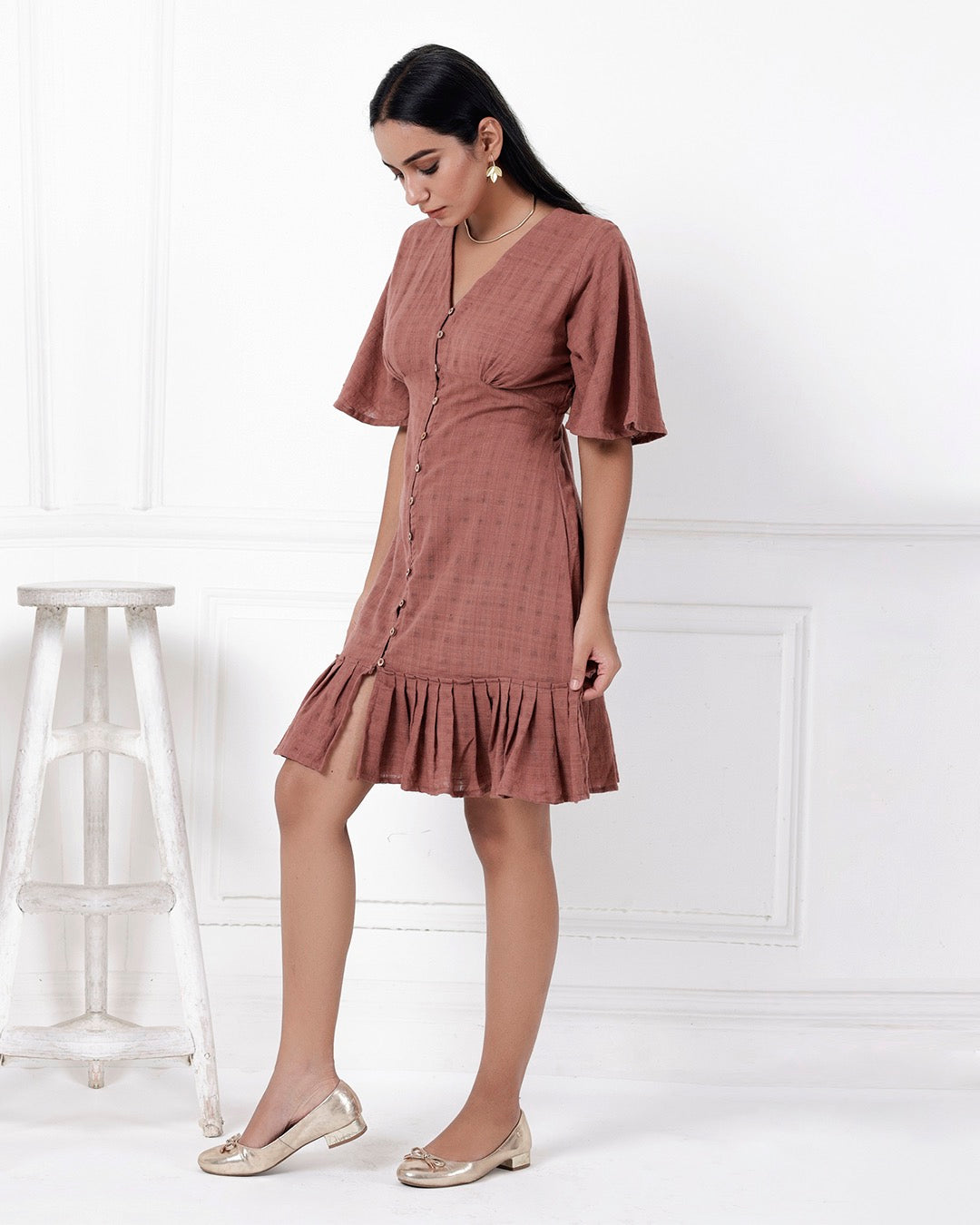 Shop Brown A line casual cotton dress online at bebaakstudio.com