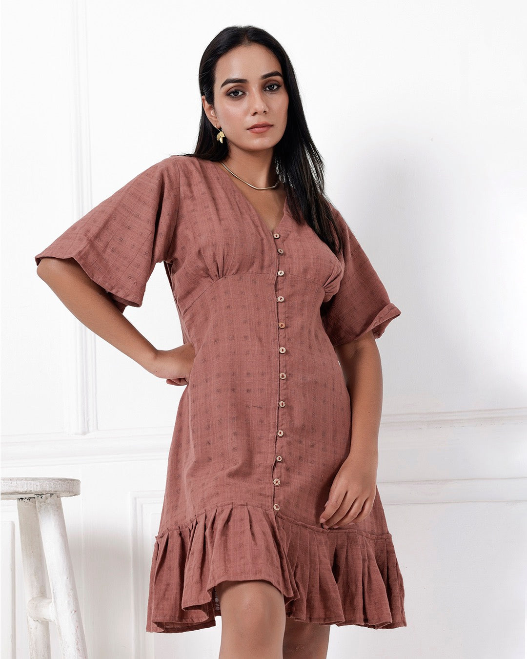 Shop Brown A line casual cotton dress online at bebaakstudio.com
