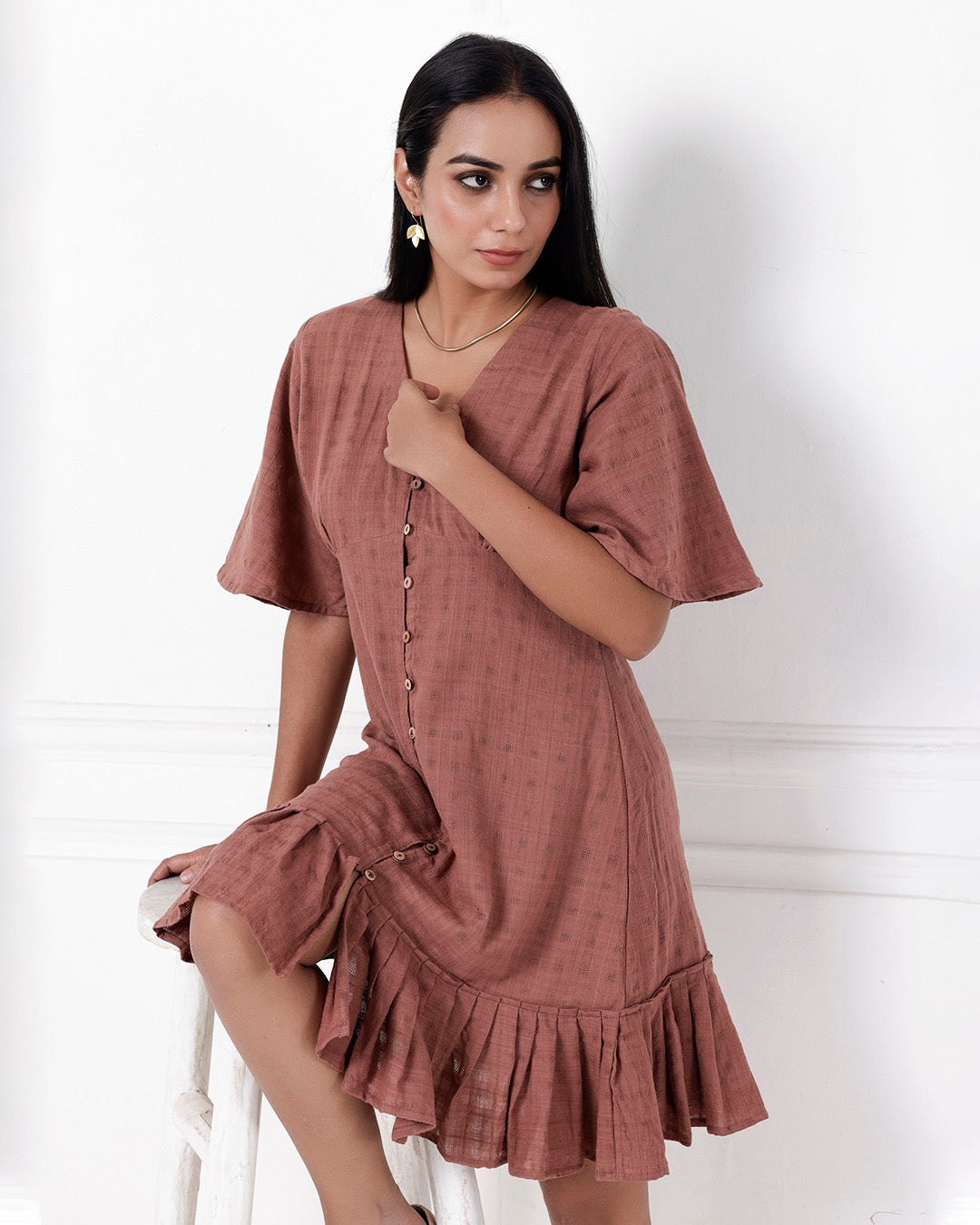 Shop Brown A line casual cotton dress online at bebaakstudio.com