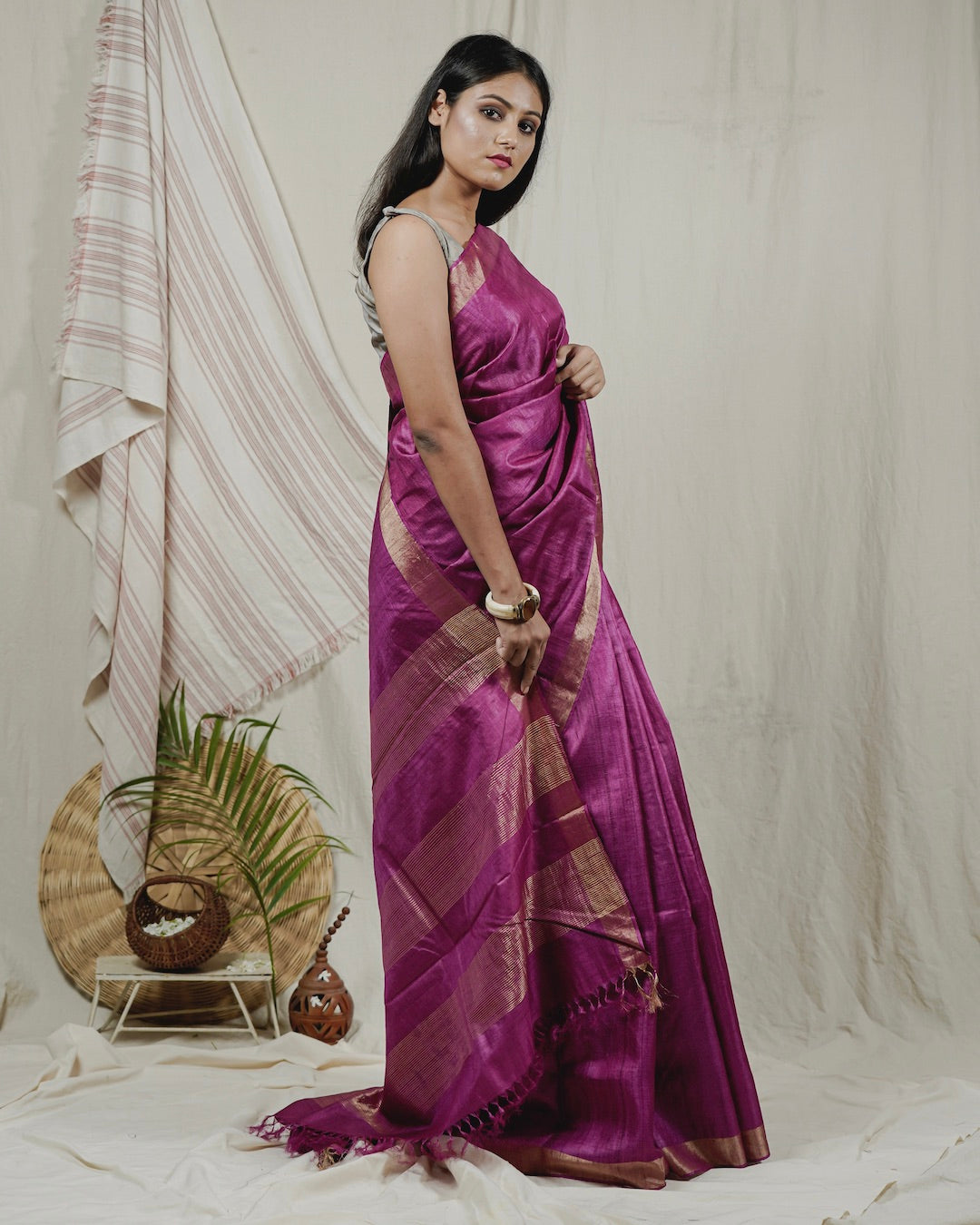 Shop silk saree: Pink pure kosa silk saree online at bebaakstudio.com