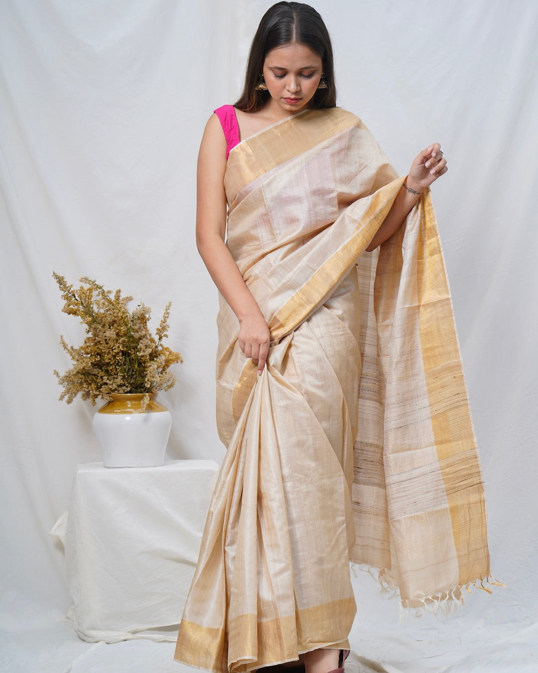Gold pure kosa silk handloom saree online available at bebaakstudio.com