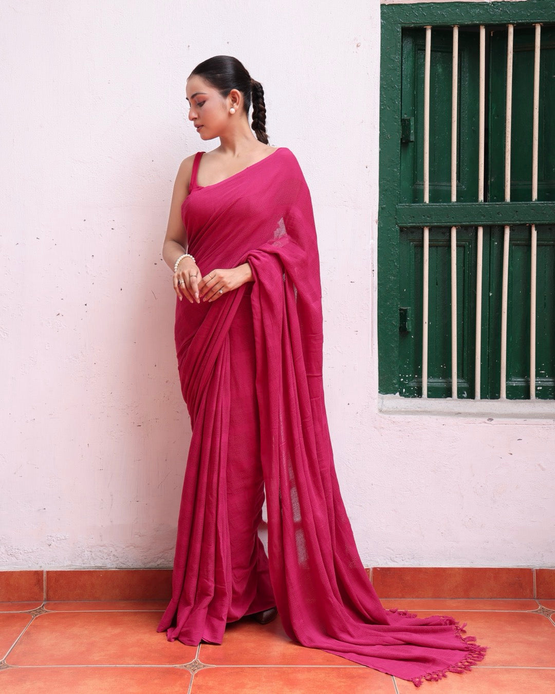 Shop Rani pink Handwoven pure cotton saree online at bebaakstudio.com
