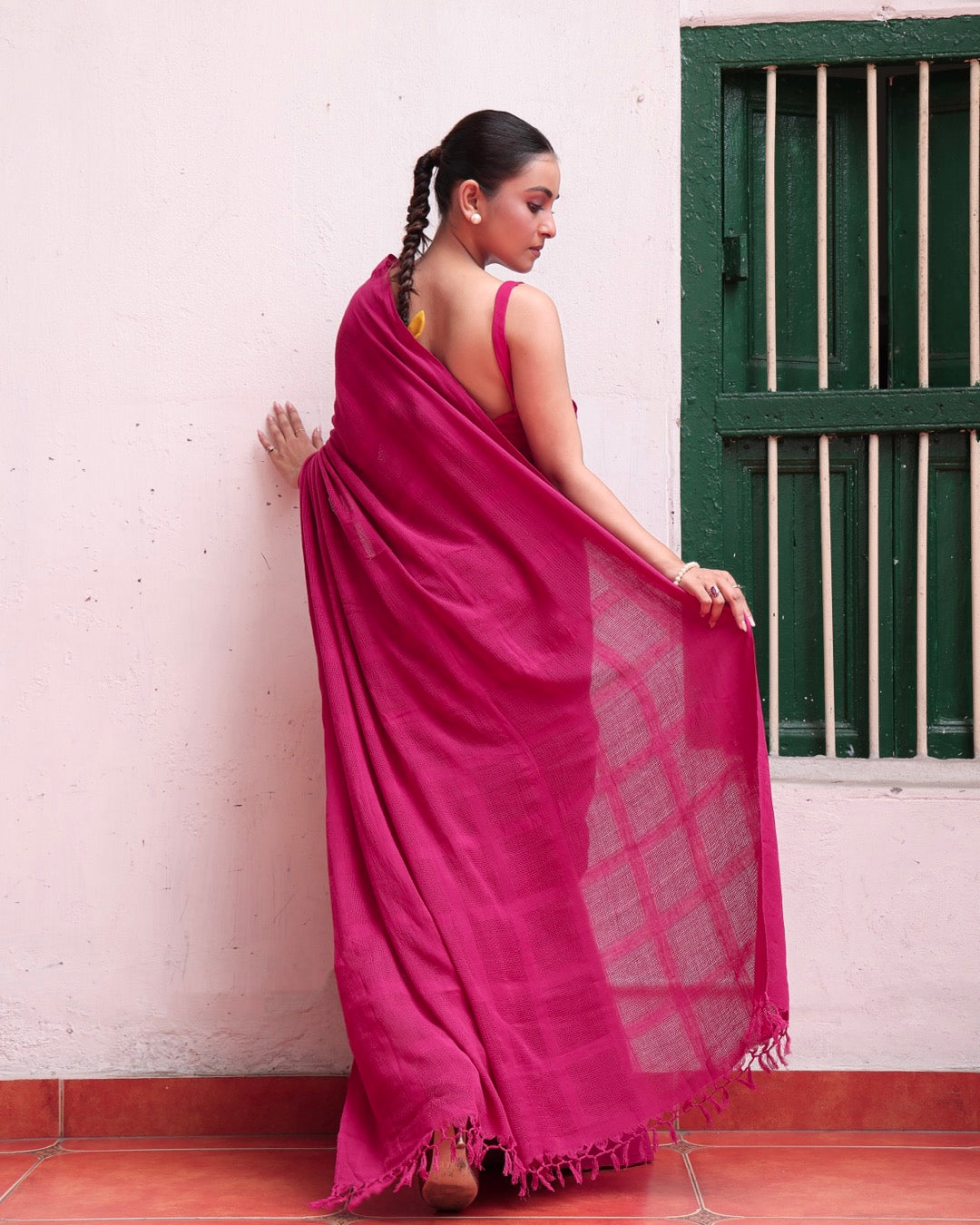 Shop Rani pink Handwoven pure cotton saree online at bebaakstudio.com