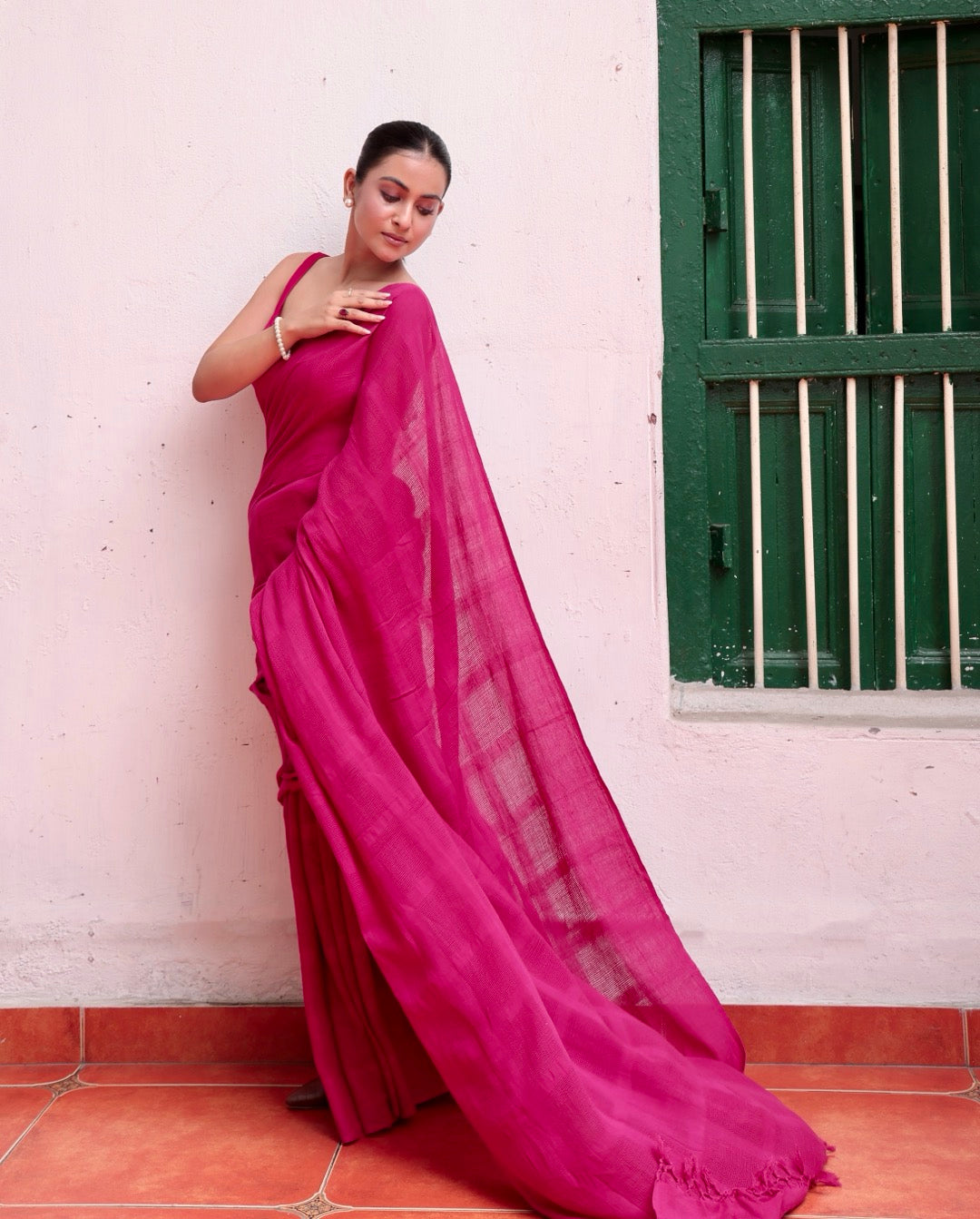 Shop Rani pink Handwoven pure cotton saree online at bebaakstudio.com