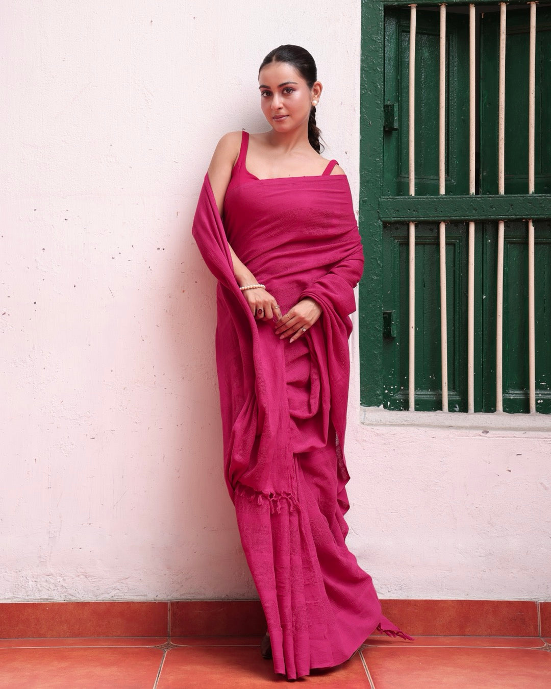 Shop Rani pink Handwoven pure cotton saree online at bebaakstudio.com