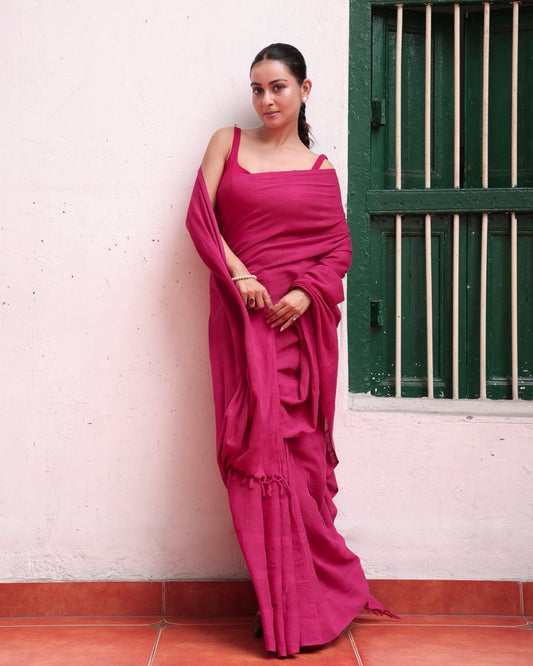 Shop Rani pink Handwoven pure cotton saree online at bebaakstudio.com