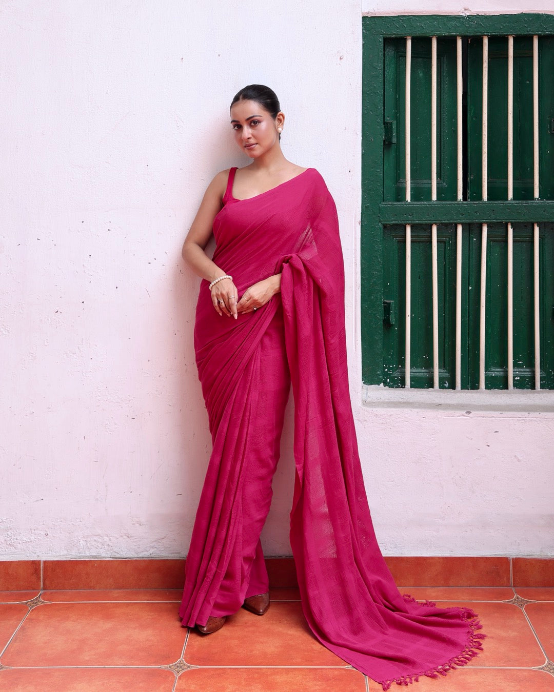 Shop Rani pink Handwoven pure cotton saree online at bebaakstudio.com