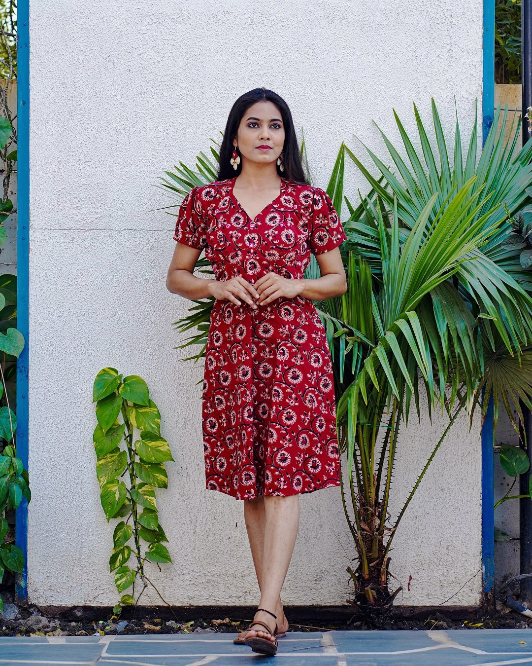 Hand Paint Cotton Tiered Dress in Coral Red : TXG40