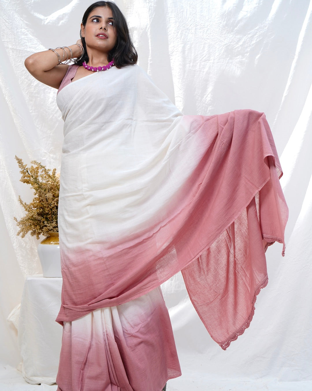 Rosy handwoven ombre cotton saree online available at bebaakstudio.com