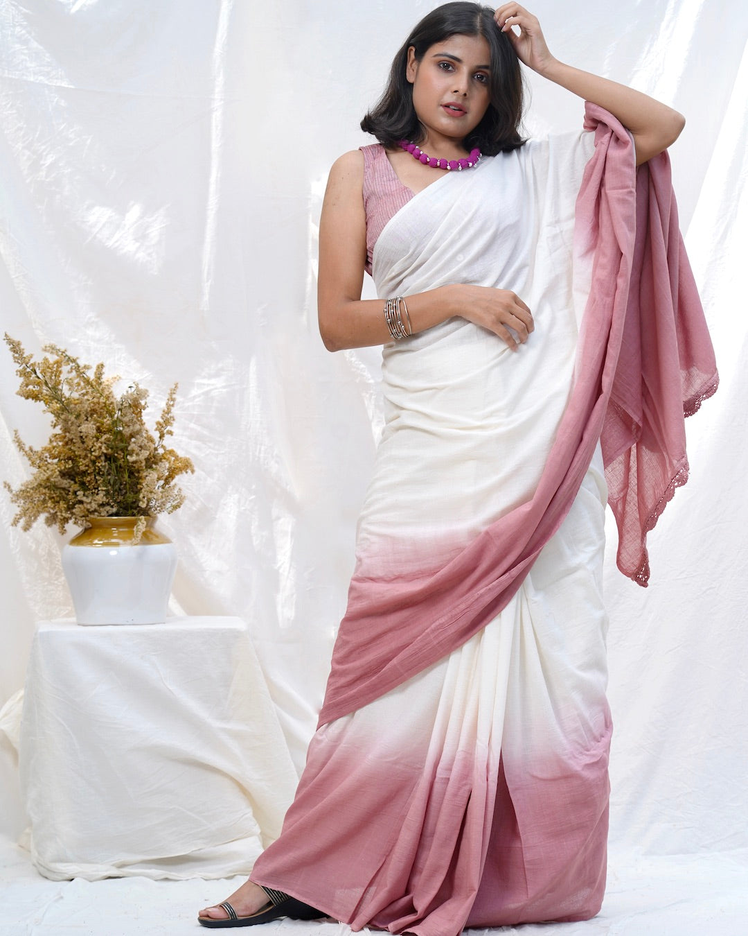Rosy handwoven ombre cotton saree online available at bebaakstudio.com