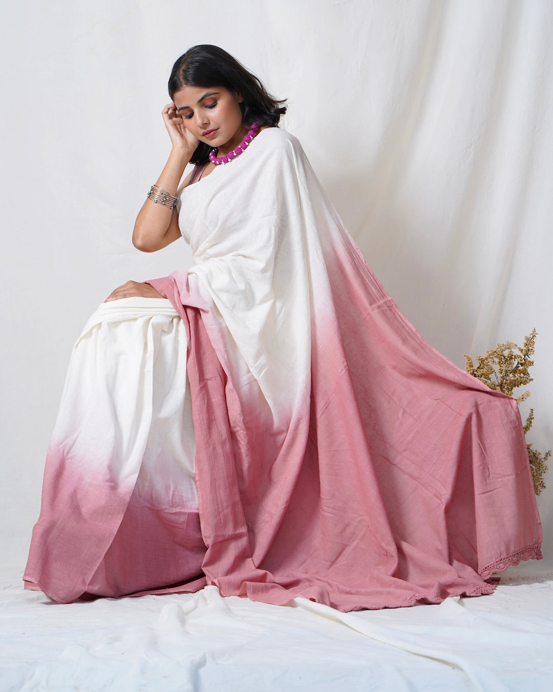 Rosy handwoven ombre cotton saree online available at bebaakstudio.com