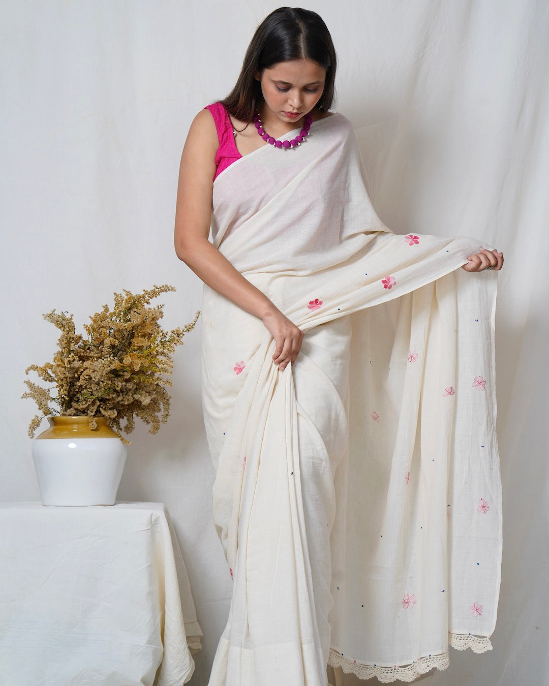 Banarasee Kora Muslin Saree With Buta Design & Skirt Border-Peach & Bl