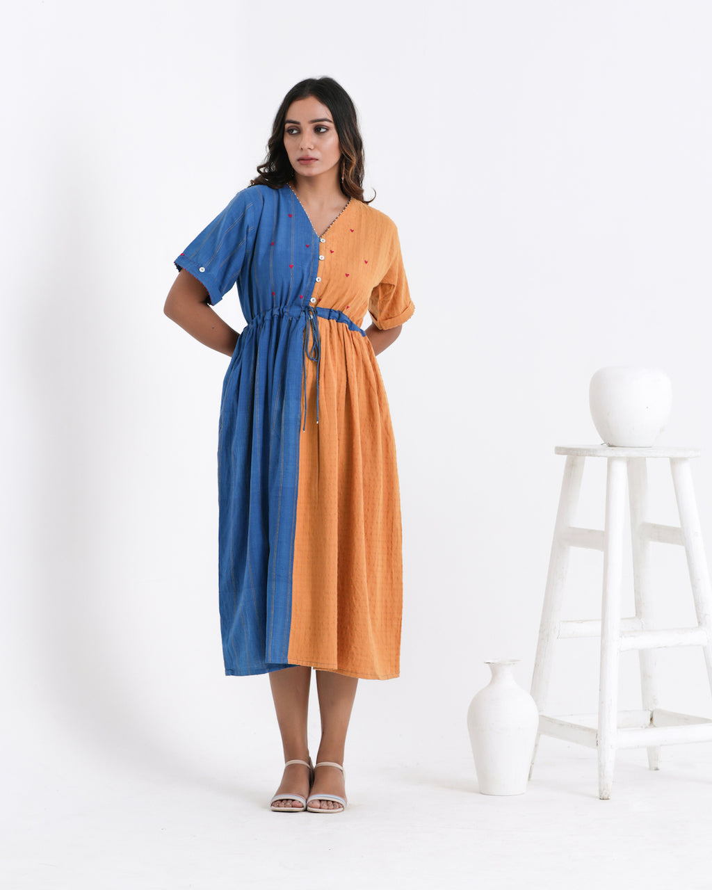 Shop Yellow colour block dress with pocket online at bebaakstudio.com