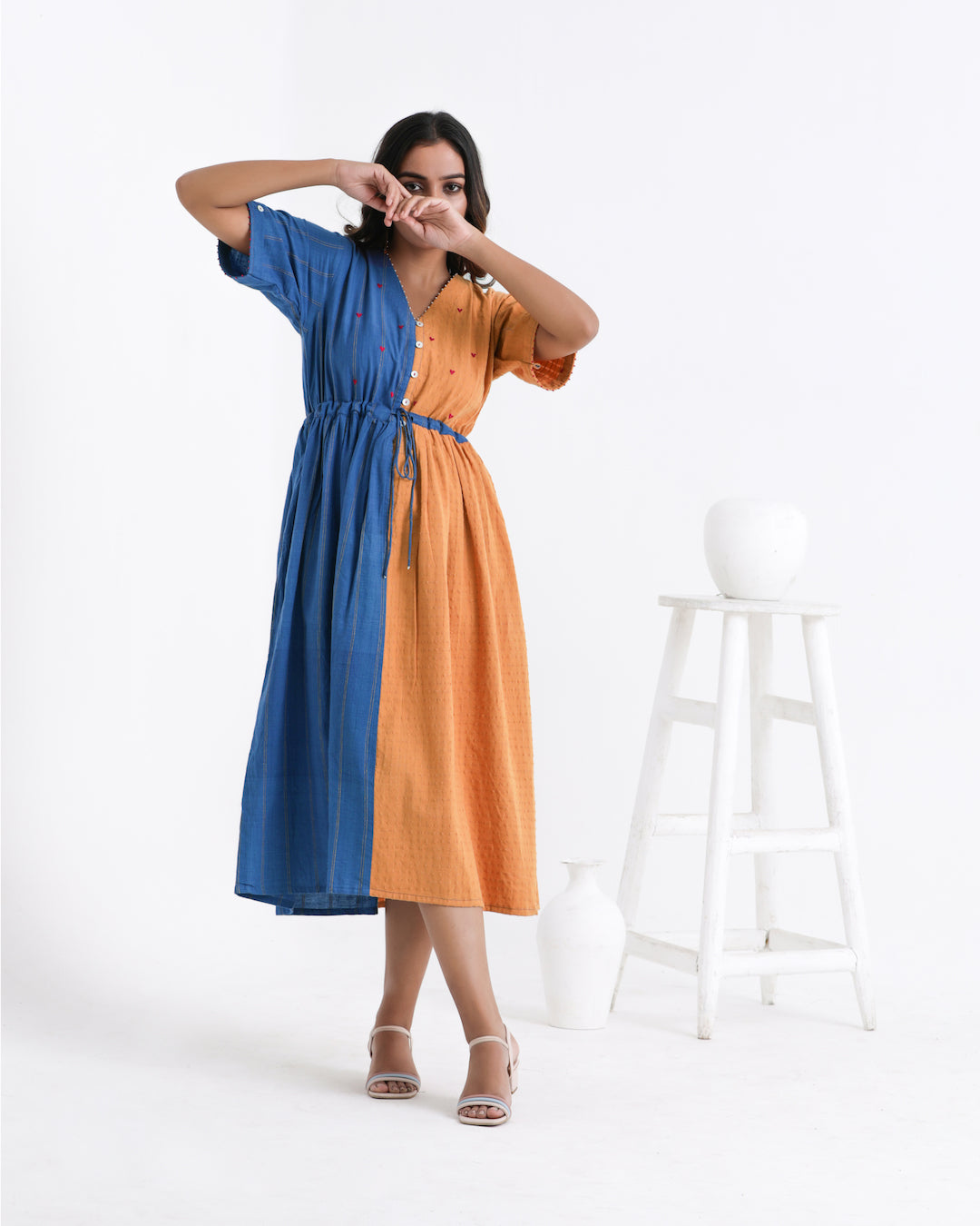 Shop Yellow colour block dress with pocket online at bebaakstudio.com