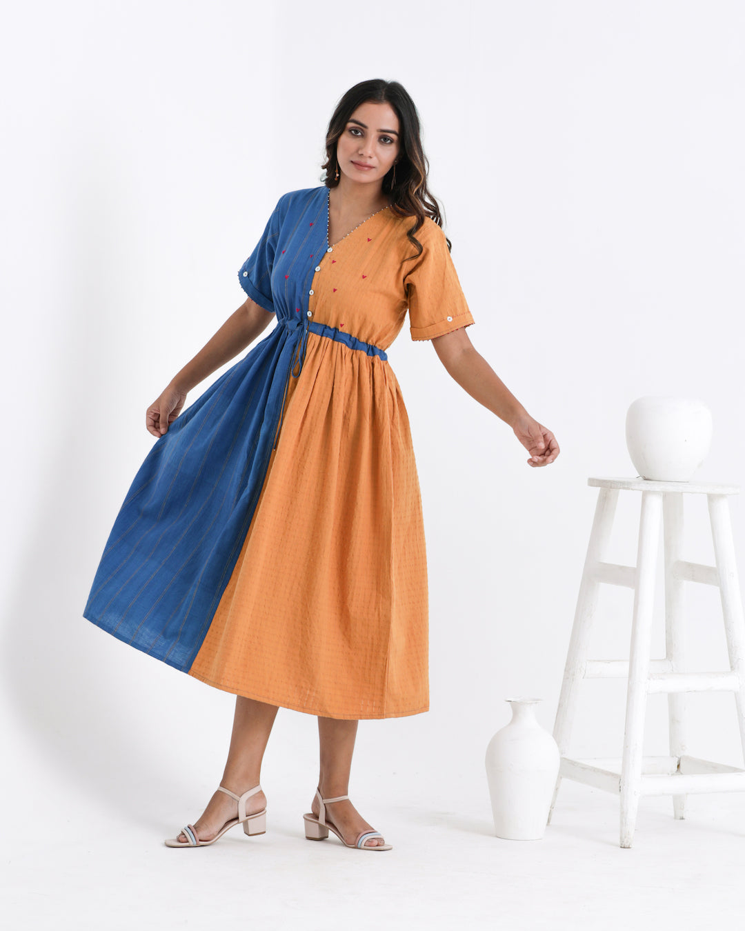 Shop Yellow colour block dress with pocket online at bebaakstudio.com