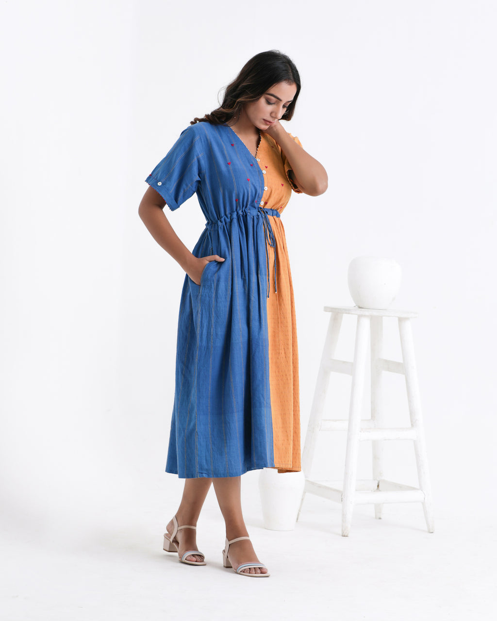 Shop Yellow colour block dress with pocket online at bebaakstudio.com