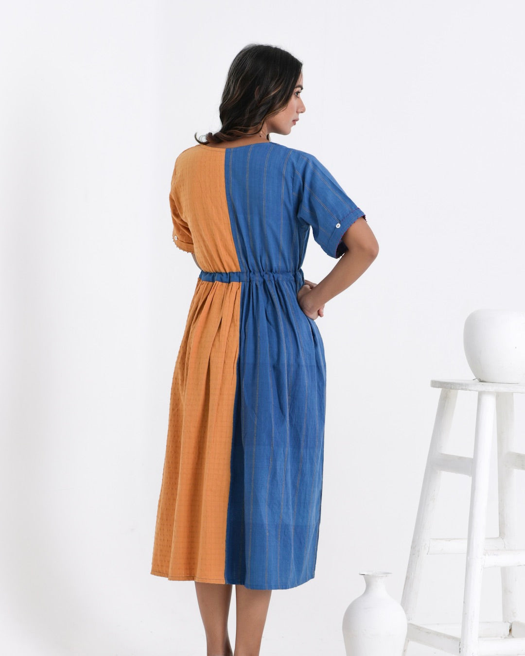 Shop Yellow colour block dress with pocket online at bebaakstudio.com