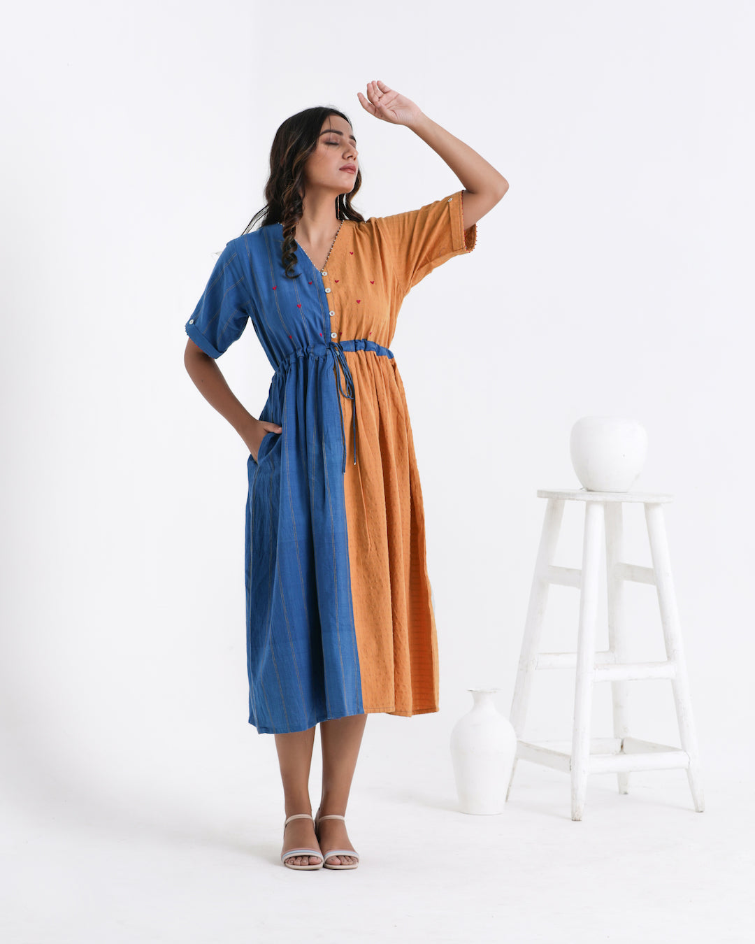 Shop Yellow colour block dress with pocket online at bebaakstudio.com