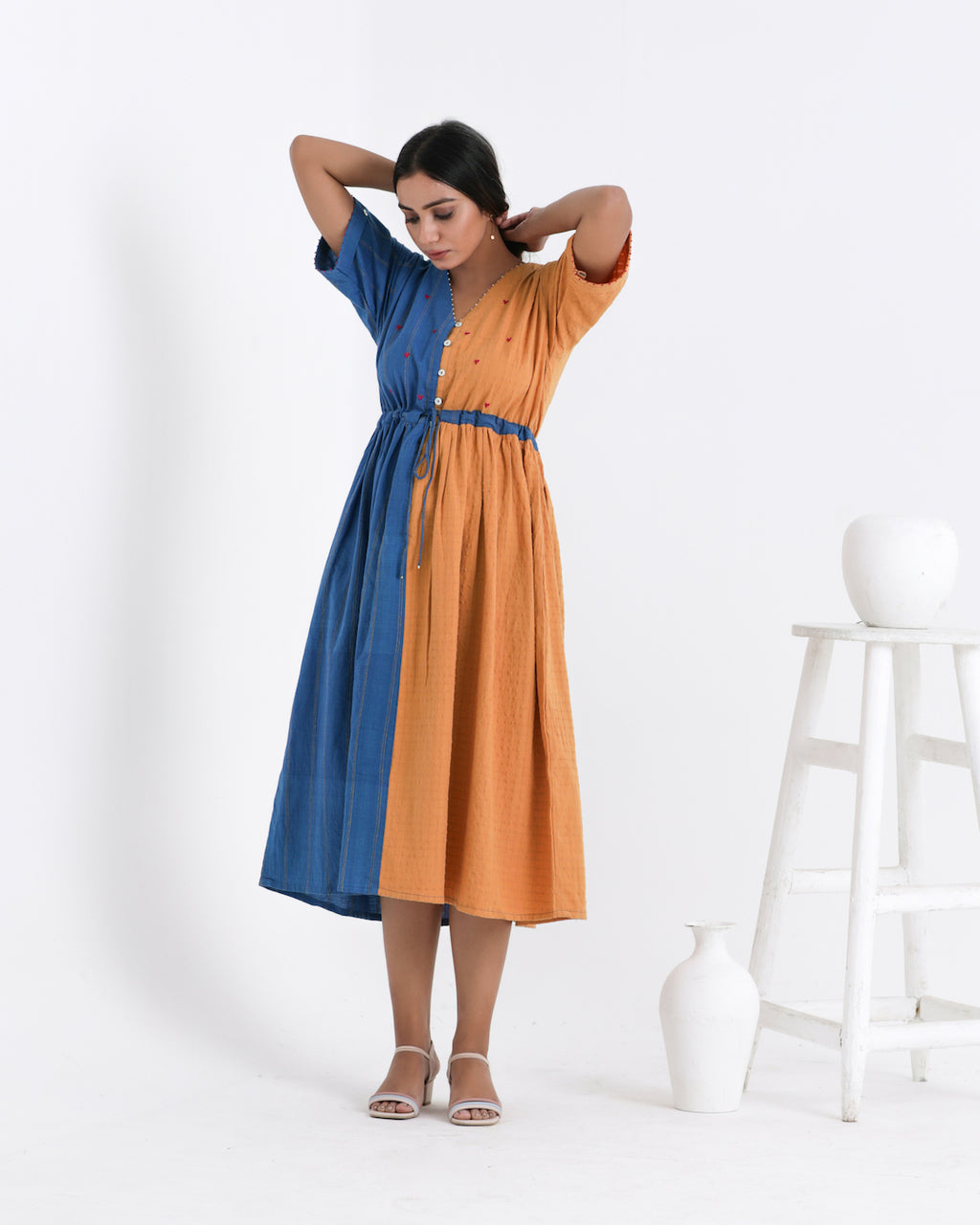 Shop Yellow colour block dress with pocket online at bebaakstudio.com
