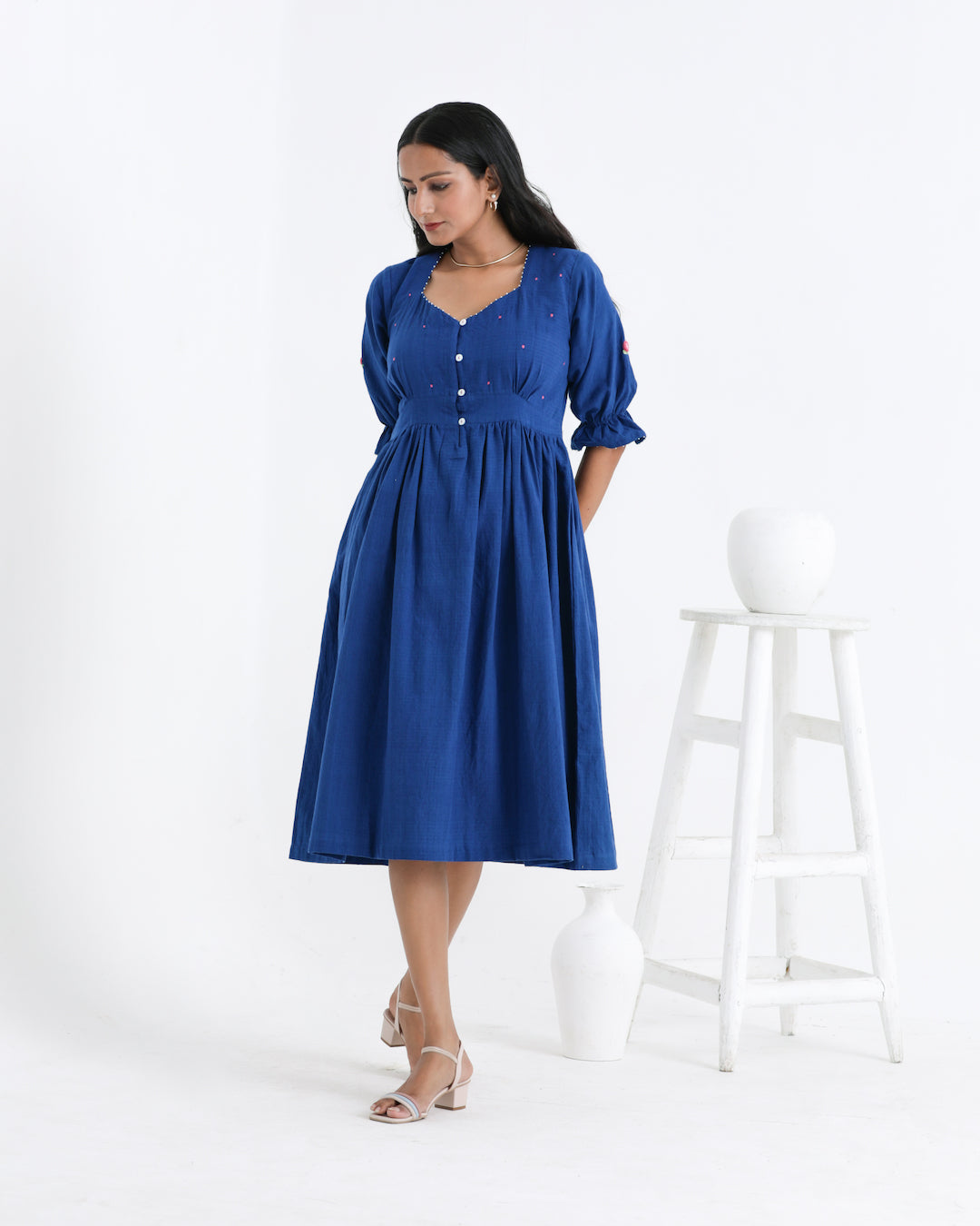 Cobalt Blue Frill Neck Midi Dress | SilkFred US